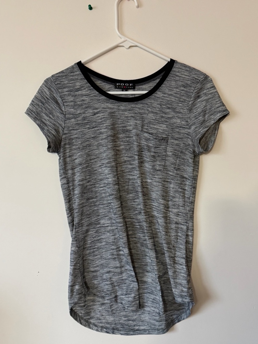 Poof! Marled Gray Short Sleeve Tee with Black Neck Trim